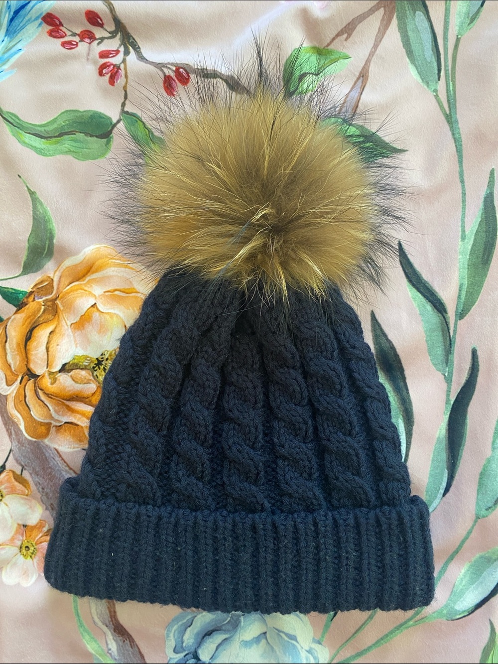 Women's Cable Knit Pom Beanie - Navy with Faux Fur Pom